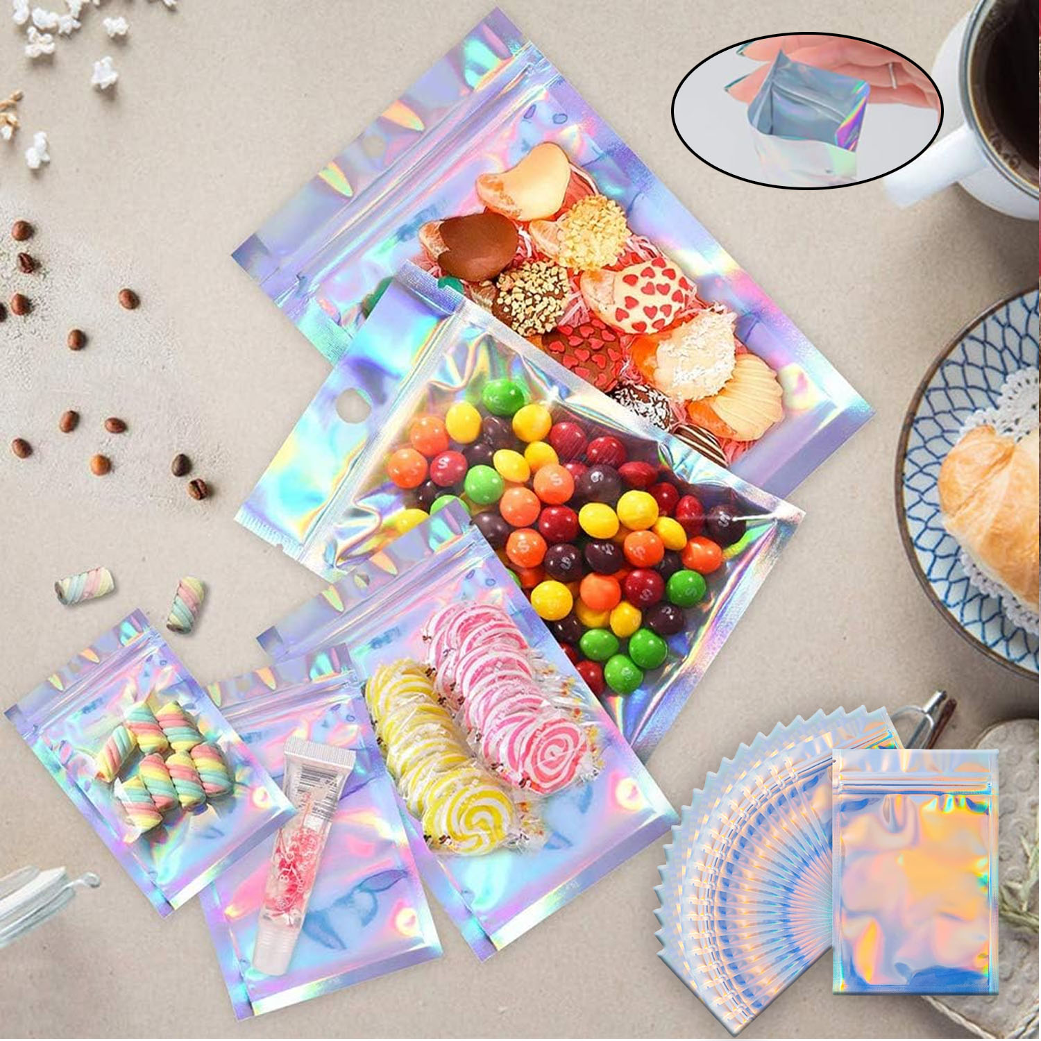 Food Storage Bags Zip Lock Pouch - Tas Mylar pelangi holografik dapat ditutup